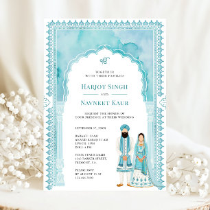 Convite Moldura Arqueada em Aquarela Azul Claro Casamento