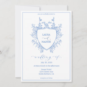 Convite Moldura azul de rajadas florais, script de caligra
