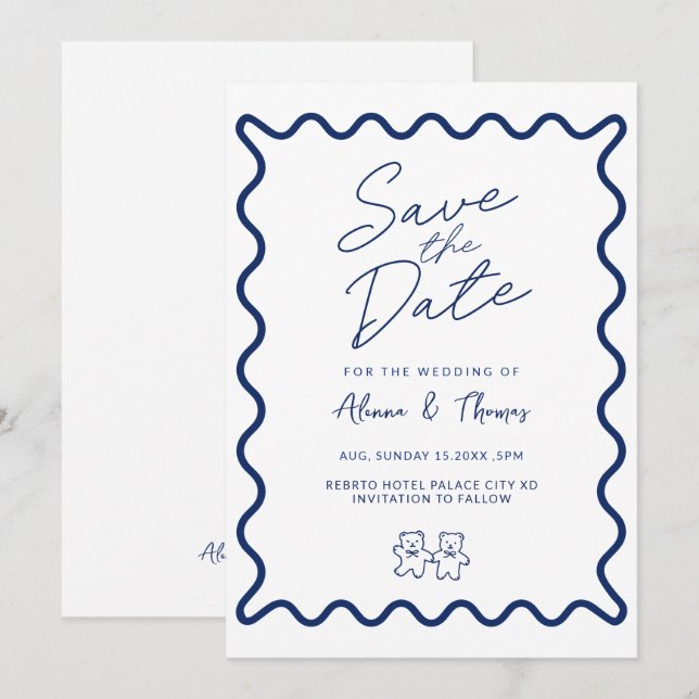 Convite Moldura azul elegante com desenho Save the date (Frente/Verso)