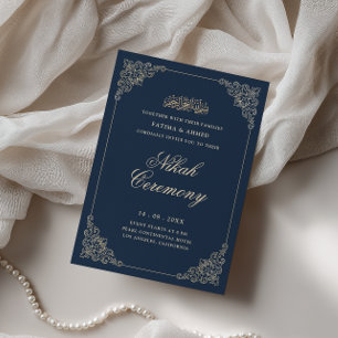 Convite Moldura Barroca Antiga Cerimônia de Nikah Azul-Mar