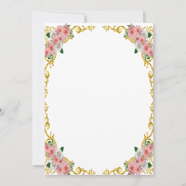 Convite Moldura Barroca Dourada Flor Branca Rosa (Frente)