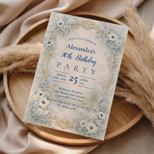 Convite Moldura Barroca Floral Azul para Aniversário de 90