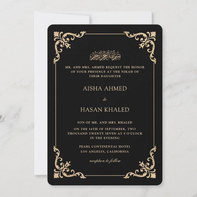 Convite Moldura Barroca Ornata Dourado Cerimônia de Nikah  (Frente)