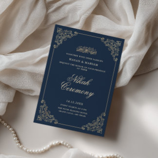 Convite Moldura Barroca Vintage Cerimônia Nikah Azul-Marin