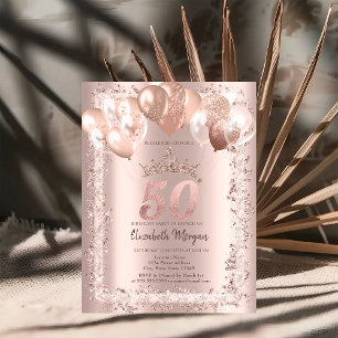 Convite Moldura Brilhante, Coroa, Balões 50º Aniversário
