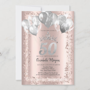 Convite Moldura Brilhante, Coroa Prata, Balões Aniversário
