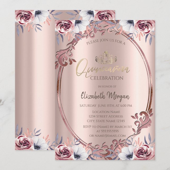 Convite Moldura Chic Boho Flores Quinceañera (Frente/Verso)