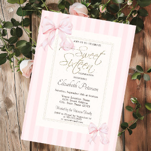 Convite Moldura Chic Laço Rosa Listrado Sweet 16