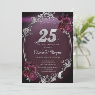 Convite Moldura Chic Prata Rosas Bordeaux 25º Aniversário