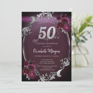 Convite Moldura Chic Prata Rosas Bordeaux 50º Aniversário