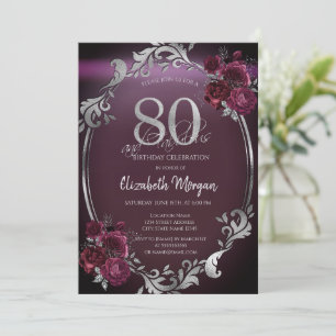 Convite Moldura Chic Prata Rosas Bordeaux 80º Aniversário