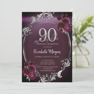 Convite Moldura Chic Prata Rosas Bordeaux 90º Aniversário