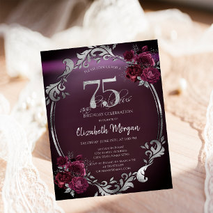 Convite Moldura Chic Prata Rosas Bordeaux Aniversário de 7