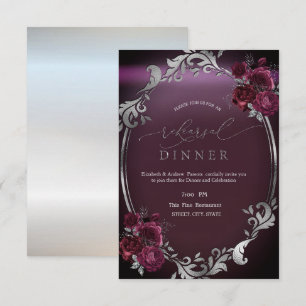 Convite Moldura Chic Prata Rosas Bordeaux Jantar de Ensaio