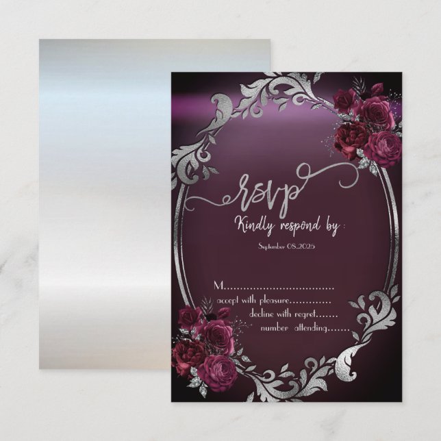 Convite Moldura Chic Silver Rosas Bordeaux RSVP (Frente/Verso)