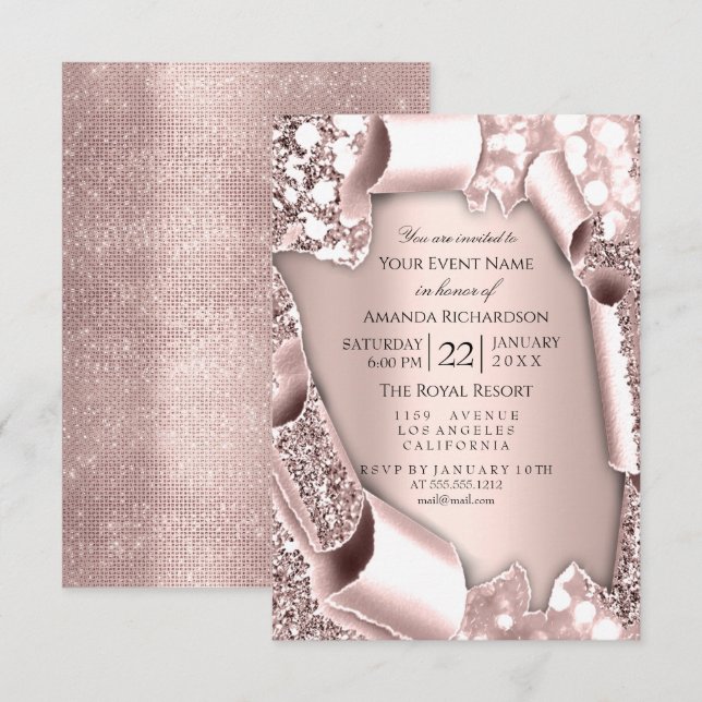 Convite Moldura com Efeito Brilho 3D Rosa para Casamento  (Frente/Verso)