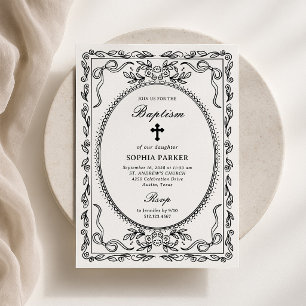 Convite Moldura Coquete Preto e Branco Caprichosa Batism