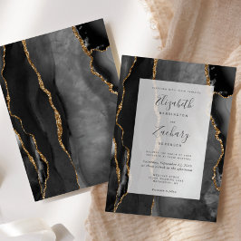 Convite Moldura de Ágata Moderna Preta Casamento Dourado