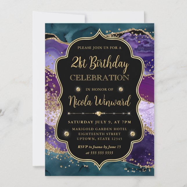Convite Moldura de Aniversário com Brilho Teal, Roxo e Dou (Frente)
