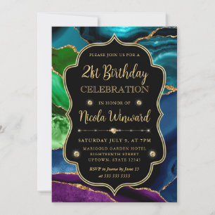 Convite Moldura de aniversário de Ágata Brilhante Azul-Ver