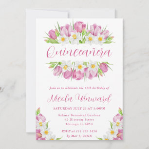 Convite Moldura de Aquarela Tulipas e Narcisos Quinceanera