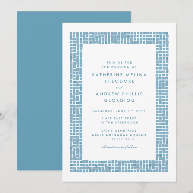 Convite Moldura de azulejo simples casamento grego azul de (Frente/Verso)