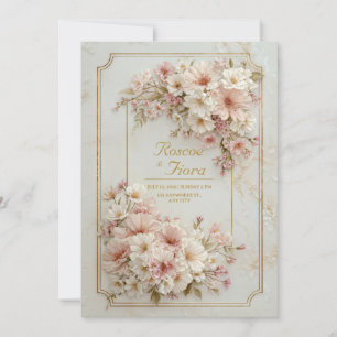 Convite Moldura de Bilhete Dourado de Flor Silvestre Casam