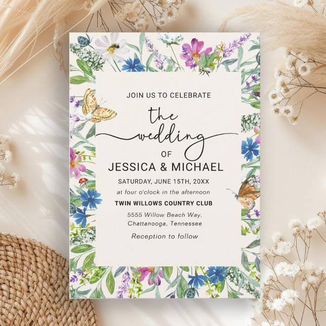 Convite Moldura de Borboletas de Flores Silvestres Manuscr (Wildflowers and butterflies wedding invitation)