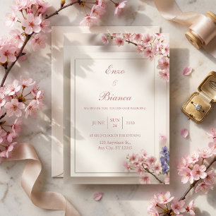 Convite Moldura de Casamento Botânica Sakura Rosa Creme Te