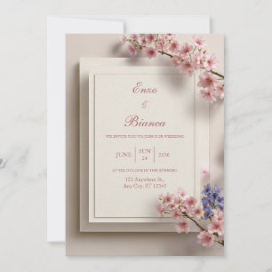 Convite Moldura de Casamento Botânica Sakura Rosa Creme Te