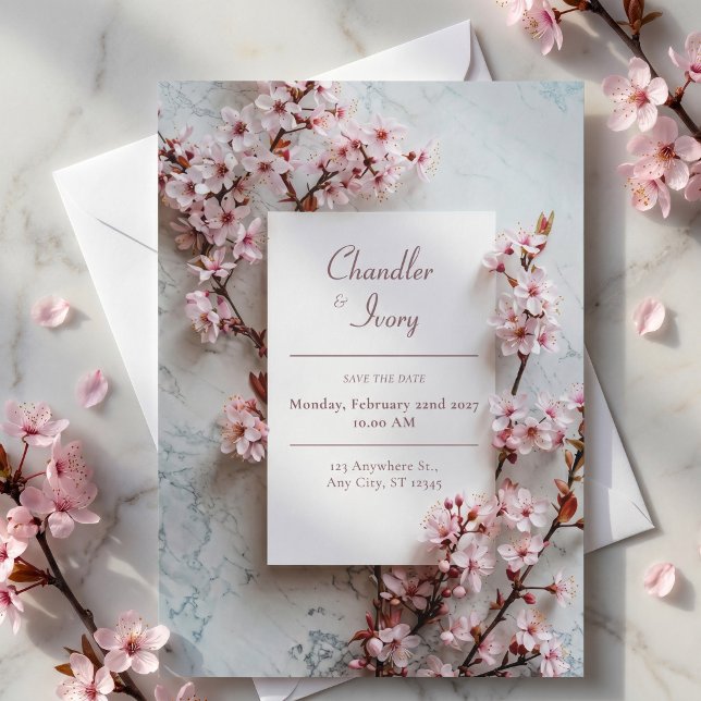 Convite Moldura de Casamento Botânica Sakura Rosa Mármore  (Criador carregado)