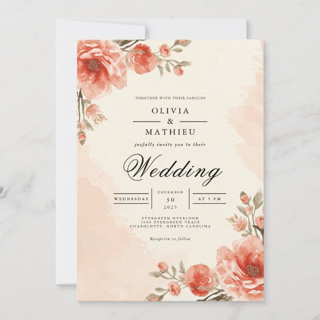 Convite Moldura de Casamento com Flor de Pessegueiro Quent (Frente)