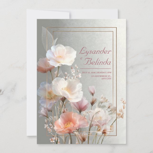 Convite Moldura de casamento em ouro rosa papoula translúc (Frente)