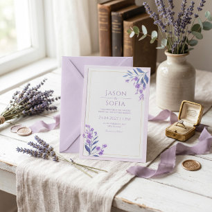 Convite Moldura de Casamento Lavanda Dourada Aquarela Folh