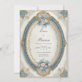 Convite Moldura de casamento oval azul dourado vitoriano r