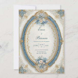 Convite Moldura de casamento oval azul dourado vitoriano r