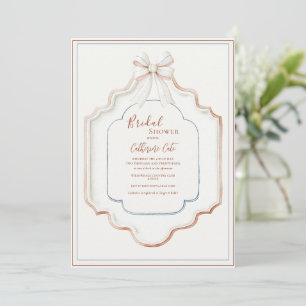Convite Moldura de Creme Azul Vintage Elegante Chá de Noiv