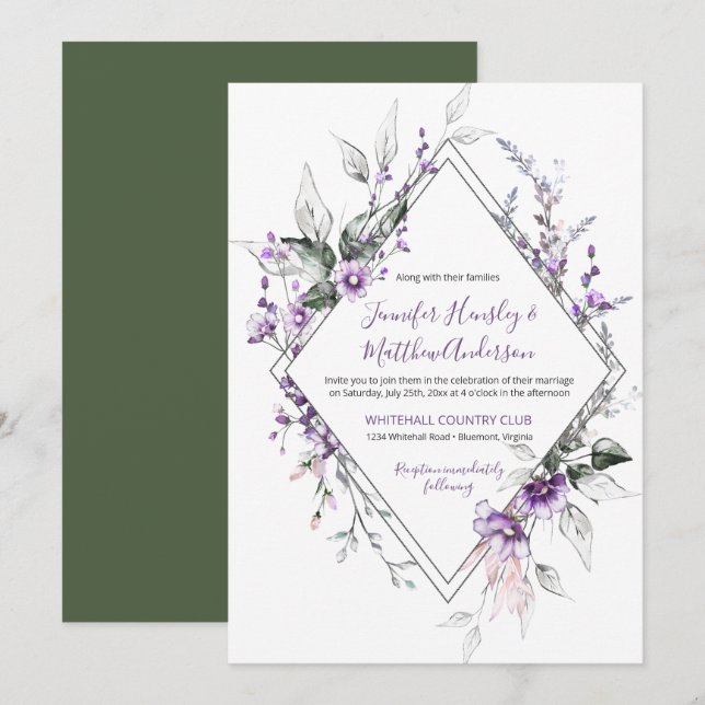 Convite Moldura de Diamante Roxo e Blush Casamento | (Frente/Verso)