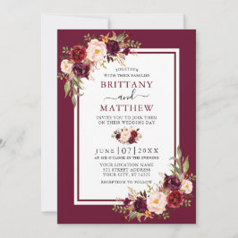 Convite Moldura de Floral de Aquarela Burgundy para Casame