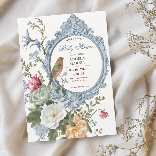 Convite Moldura de floral e pássaro em aquarela Baby Showe (Criador carregado)