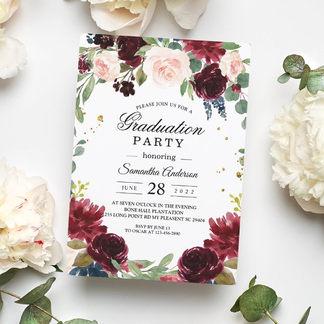 Convite Moldura de Flores Vermelhas & Azuis Burgundy Rústi (Criador carregado)