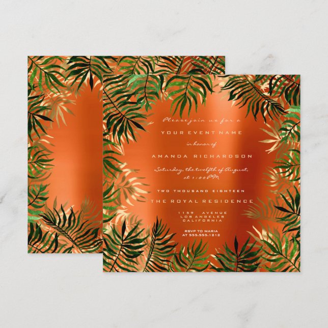 Convite Moldura de Folha de Palmeira Verde Tropical Laranj (Frente/Verso)