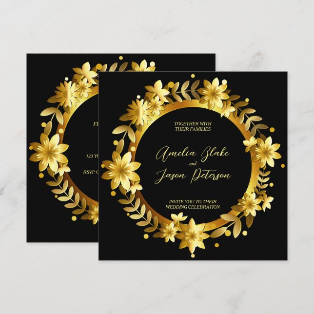 Convite Moldura de Folhas de Louro Dourado Luxuoso para Ca (Frente/Verso)