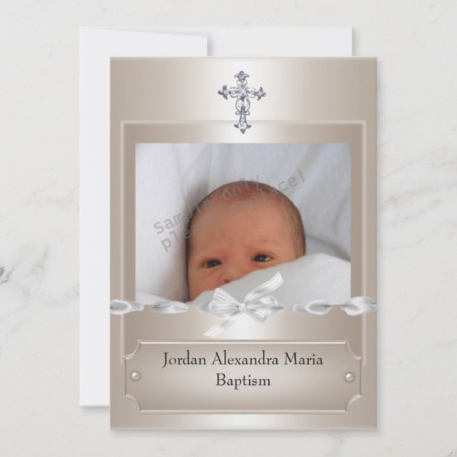Convite Moldura de foto bege Jewel Cross Batismo longa (Frente)
