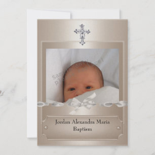 Convite Moldura de foto bege Jewel Cross Batismo longa