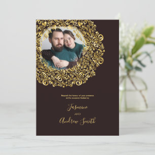 Convite Moldura de Foto Damasco Dourado Aniversário
