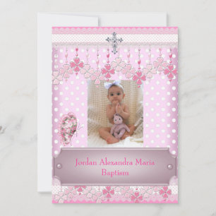 Convite Moldura de Foto Pink White Spot Cruz Batismo 2