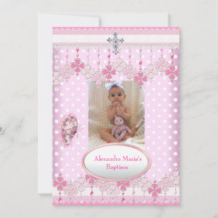 Convite Moldura de Foto Pink White Spot Cruz Batismo 3