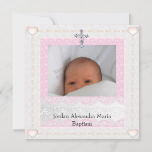 Convite Moldura de Foto Rosa Branca Jóia Cruz Batismo