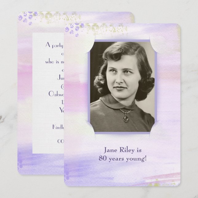 Convite moldura de fotografia de festa de aniversário púrp (Frente/Verso)
